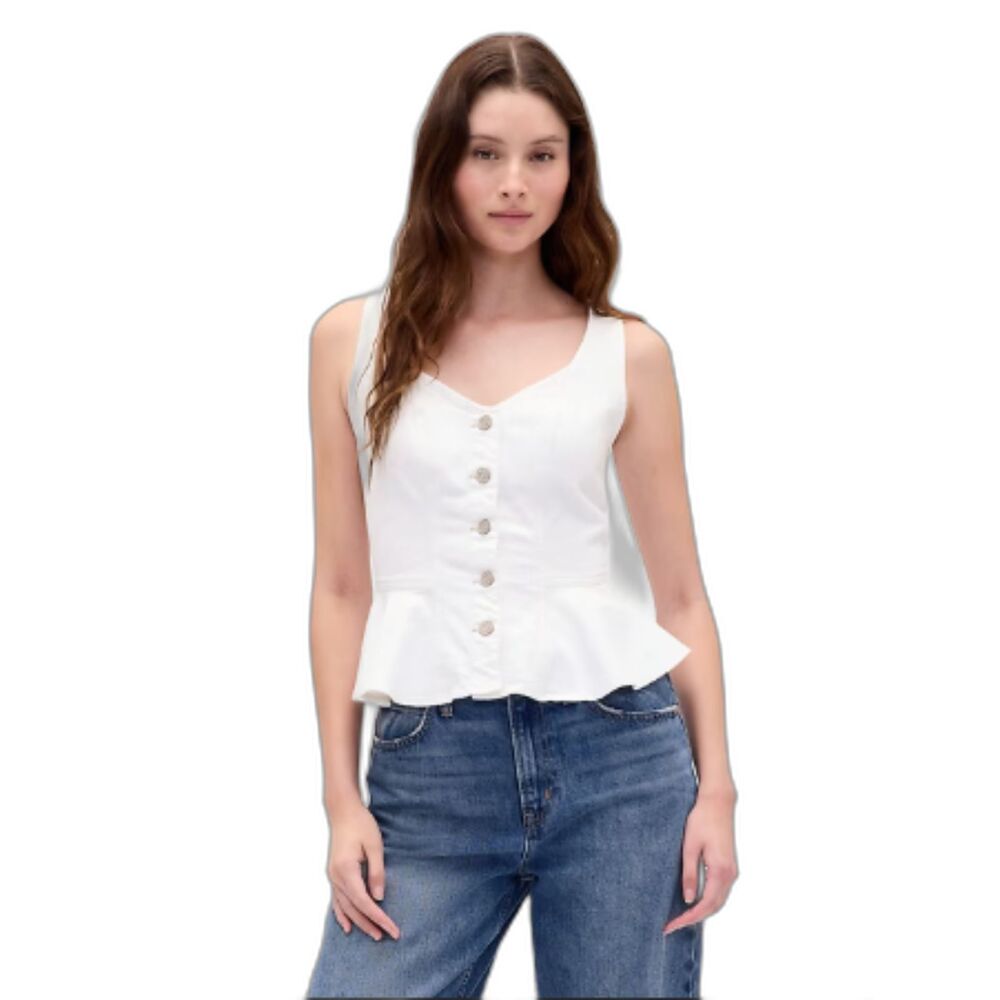 GAP Peplum Tank Top Women L Tall White Denim Button Front NWT Sleeveless Blouse